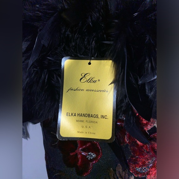 Elka Vtg Black Ostrich Featherrs Hibiscus Floral Print Embellished Shoulder Bag - Picture 4 of 7